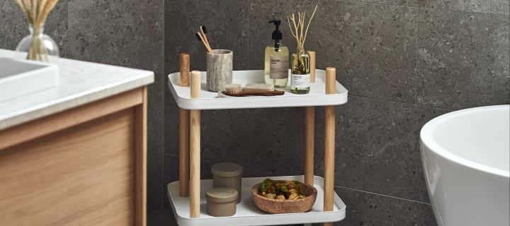 6 storage ideas for small bathrooms - here you see the Normann Copenhagen bar trolley with bathroom items. 