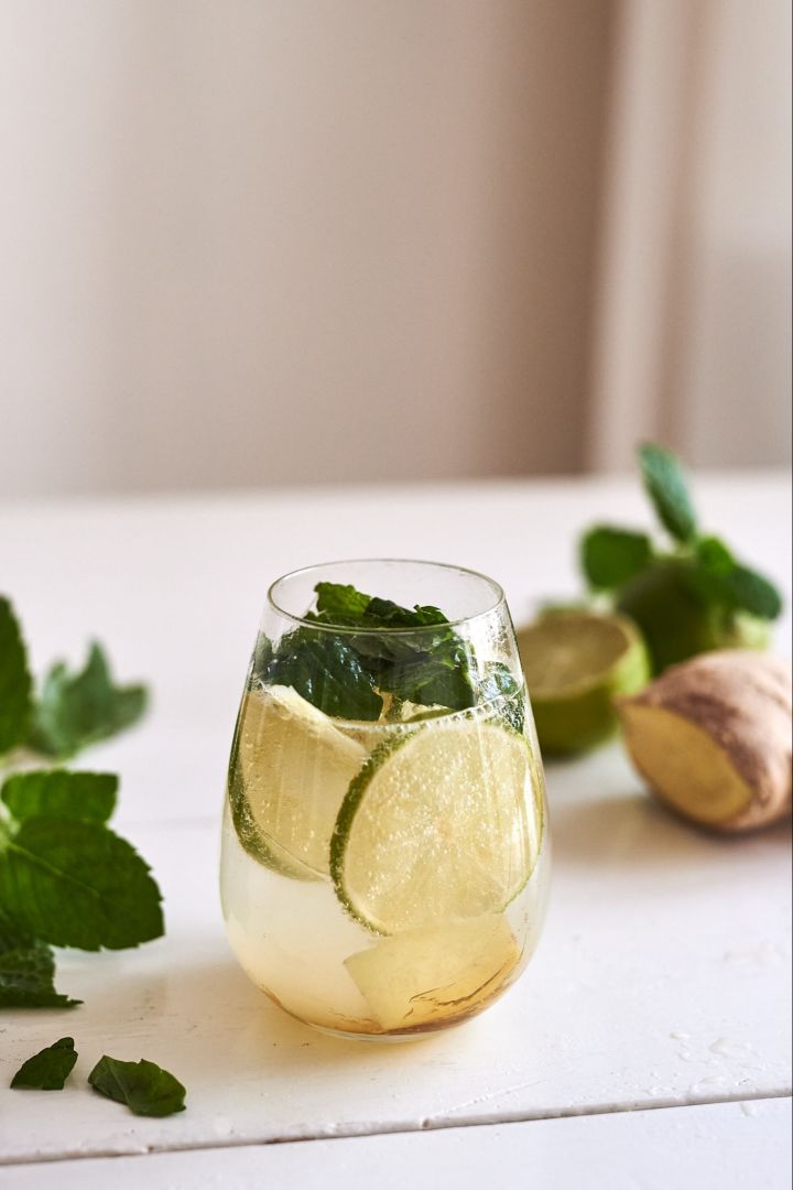 For a simple and refreshing summer drink try ginger and syrup, garnished with mint and served in a glass from Scandi Living.